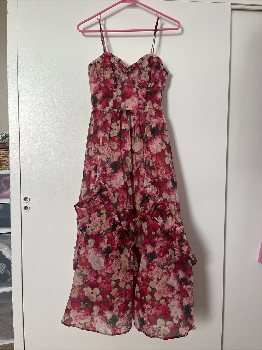 Lulus Sweetheart Floral Ruffle Spaghetti Strap Midi Dress XS